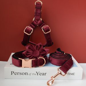  017 Wine Red Dog Flower Collar, Lead and Harness Set (39)