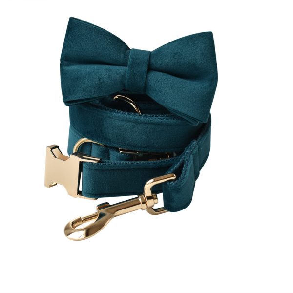  022 turquoise Velvet Dog Bow Tie Collar and lead set (6)